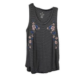 American Eagle Soft Sexy Tank Top Size M Black Striped Floral Embroidered Scoop